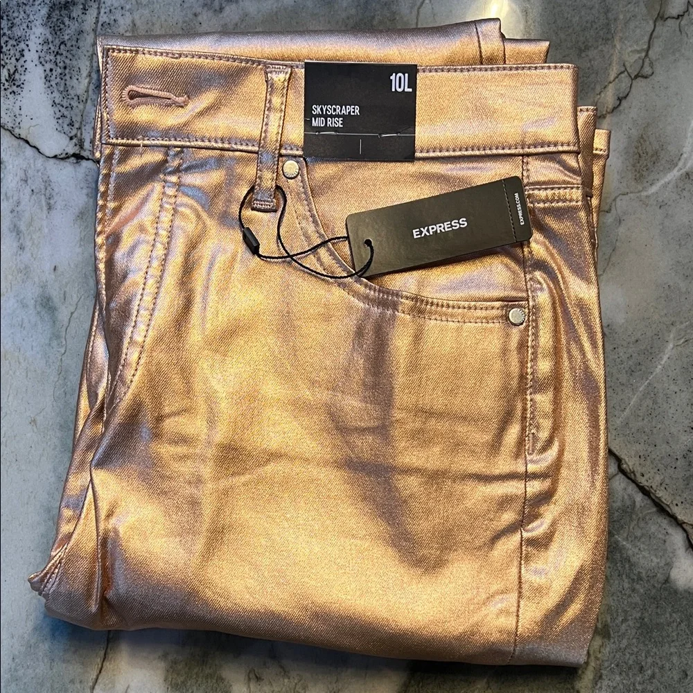 Express Rose Gold Skyscraper Mid Rise Women Coated Jeans size 10L - Picture 1 of 9